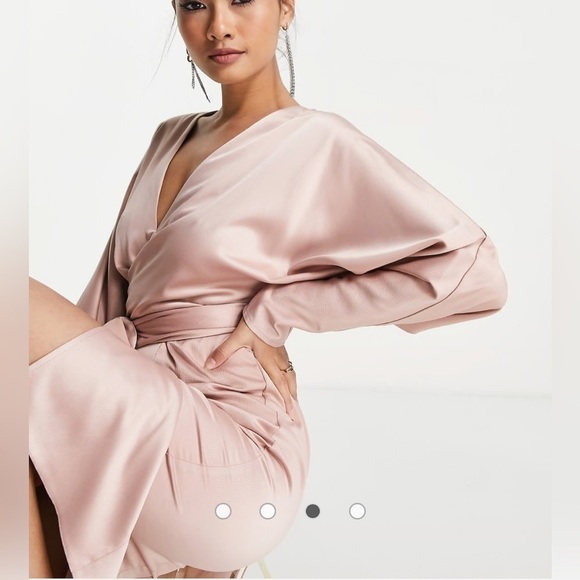 ASOS DESIGN midi dress with batwing sleeve and wrap waist in tan satin sz 4 - Picture 8 of 10
